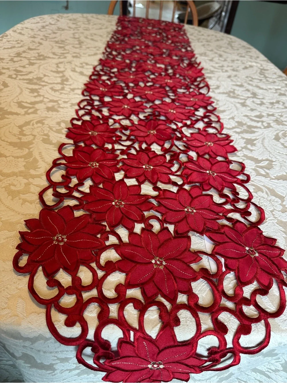 Collections Etc Christmas Table Runner Red Embroidered Poinsettia Cutout 69”
